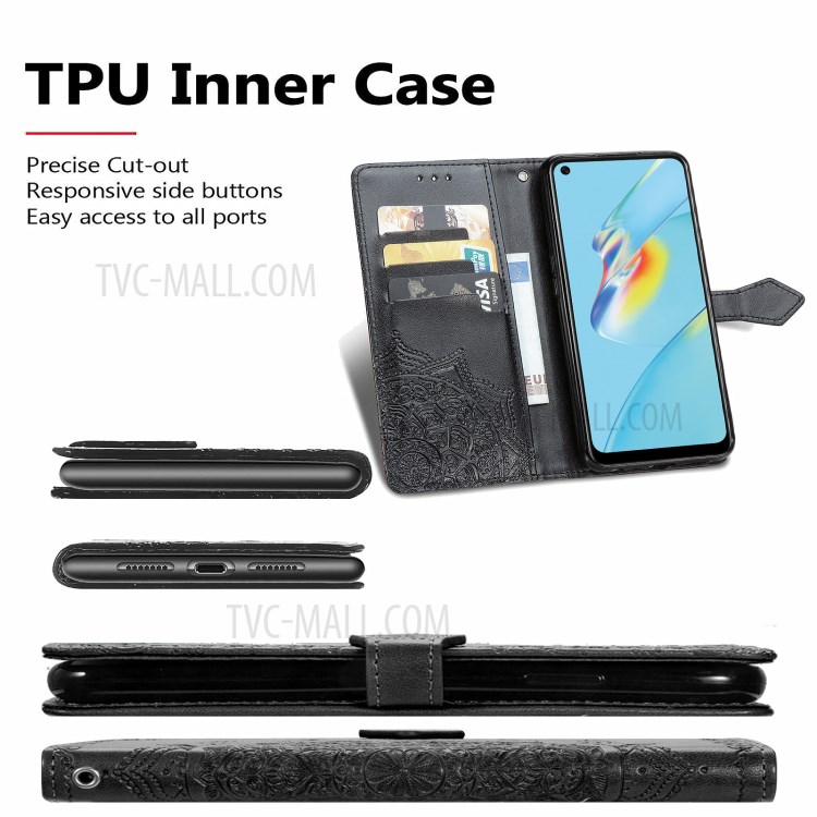 Mandala Flower Embossment Wallet Design PU Leather Case with Stand for Oppo A54 4G - Black-6
