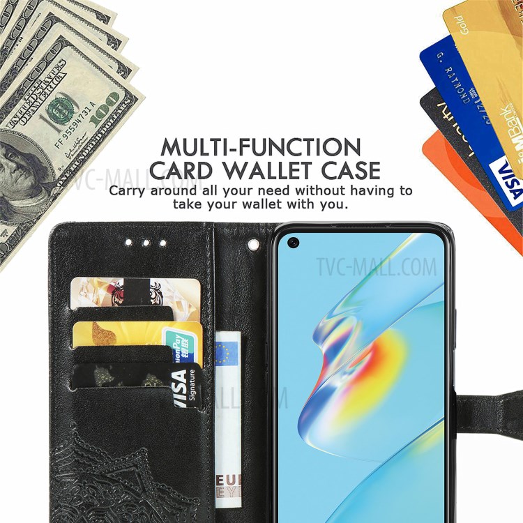 Mandala Flower Embossment Wallet Design PU Leather Case with Stand for Oppo A54 4G - Black-9