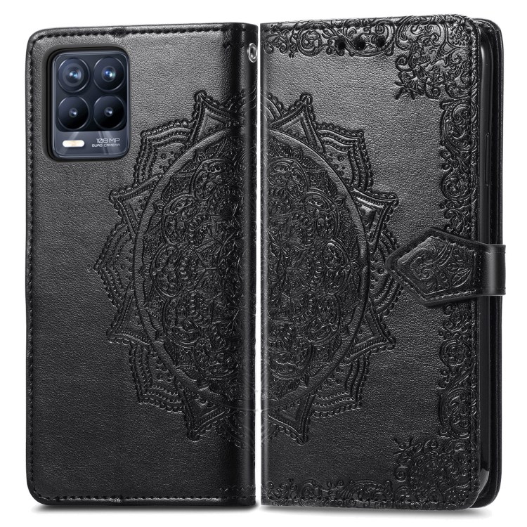 Full Coverage Mandala Flower Embossment PU Leather Case with Wallet Stand Design for Realme 8/8 Pro - Black-1