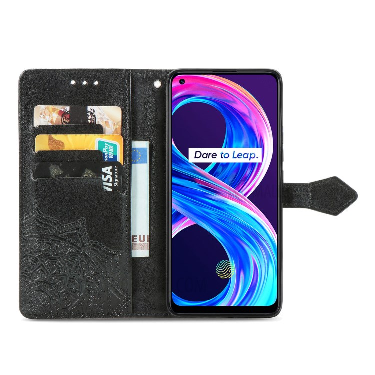 Full Coverage Mandala Flower Embossment PU Leather Case with Wallet Stand Design for Realme 8/8 Pro - Black-11