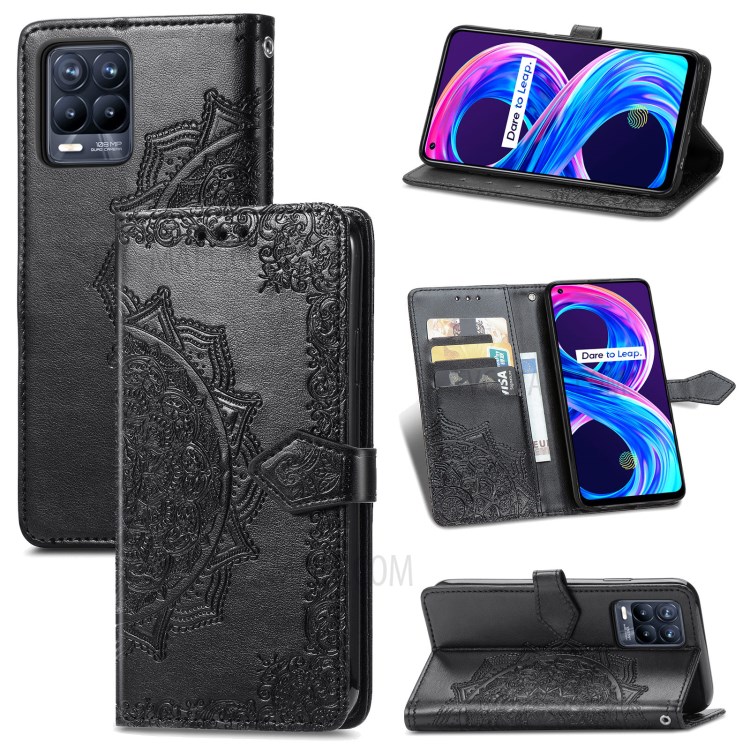 Full Coverage Mandala Flower Embossment PU Leather Case with Wallet Stand Design for Realme 8/8 Pro - Black-12