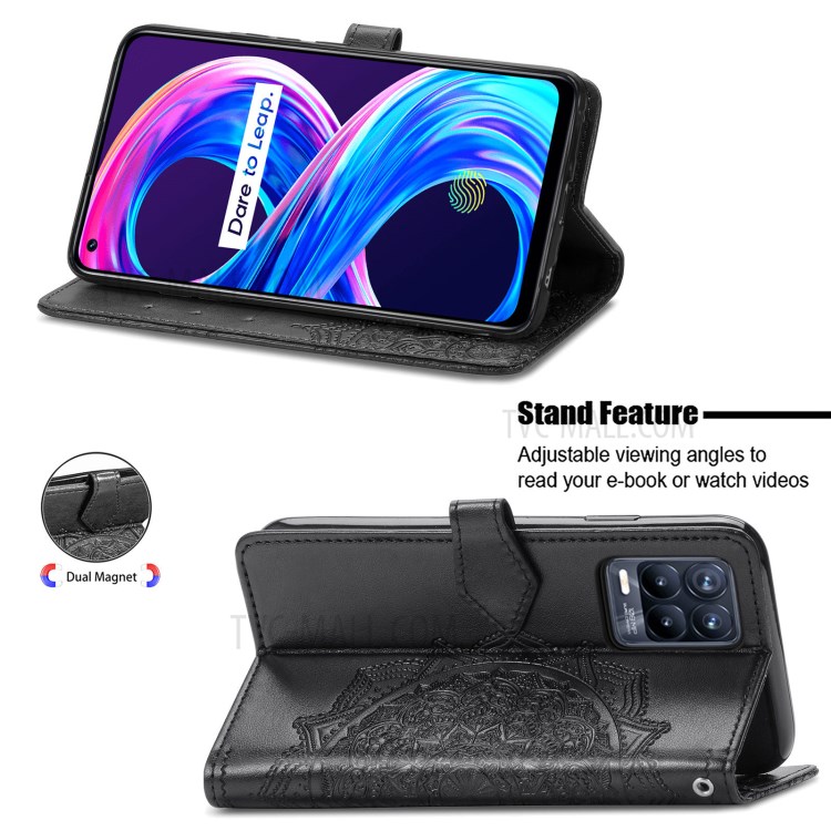 Full Coverage Mandala Flower Embossment PU Leather Case with Wallet Stand Design for Realme 8/8 Pro - Black-3