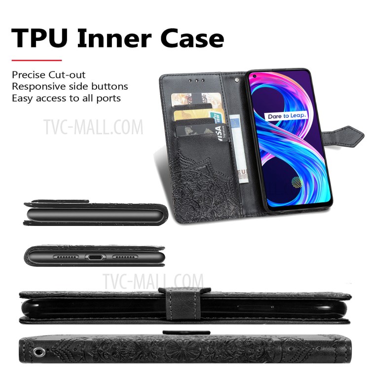 Full Coverage Mandala Flower Embossment PU Leather Case with Wallet Stand Design for Realme 8/8 Pro - Black-6