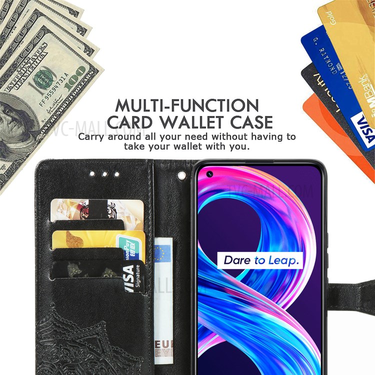 Full Coverage Mandala Flower Embossment PU Leather Case with Wallet Stand Design for Realme 8/8 Pro - Black-9