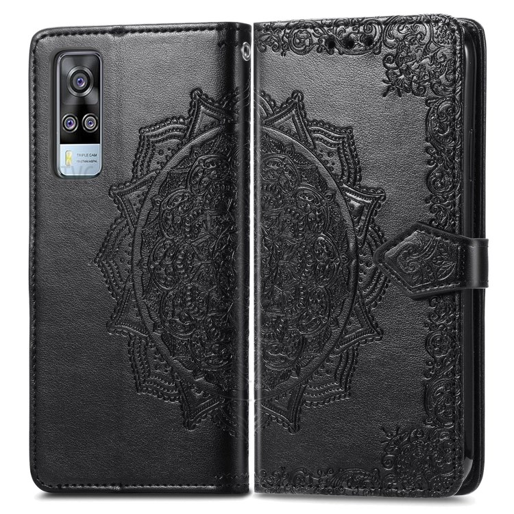 Mandala Flower Embossment Full Coverage PU Leather Case with Wallet Stand Design for vivo Y51 (2020, December) - Black-1