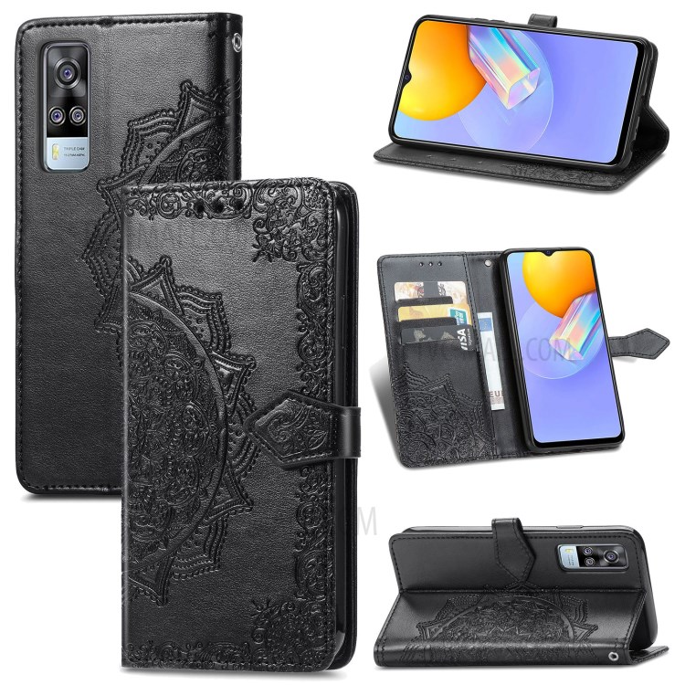 Mandala Flower Embossment Full Coverage PU Leather Case with Wallet Stand Design for vivo Y51 (2020, December) - Black-12