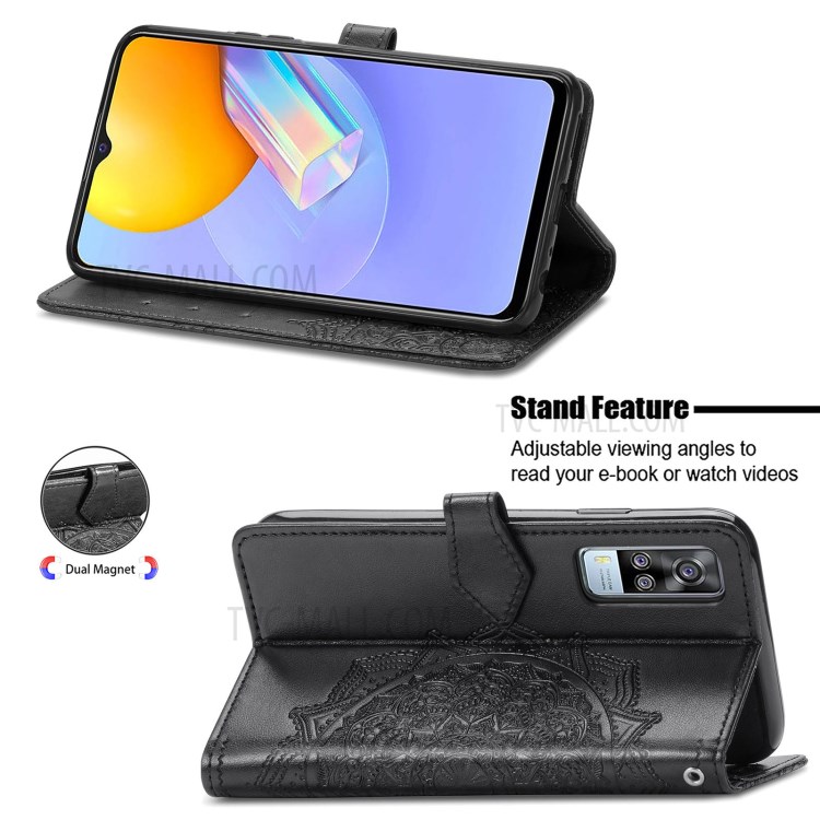 Mandala Flower Embossment Full Coverage PU Leather Case with Wallet Stand Design for vivo Y51 (2020, December) - Black-3