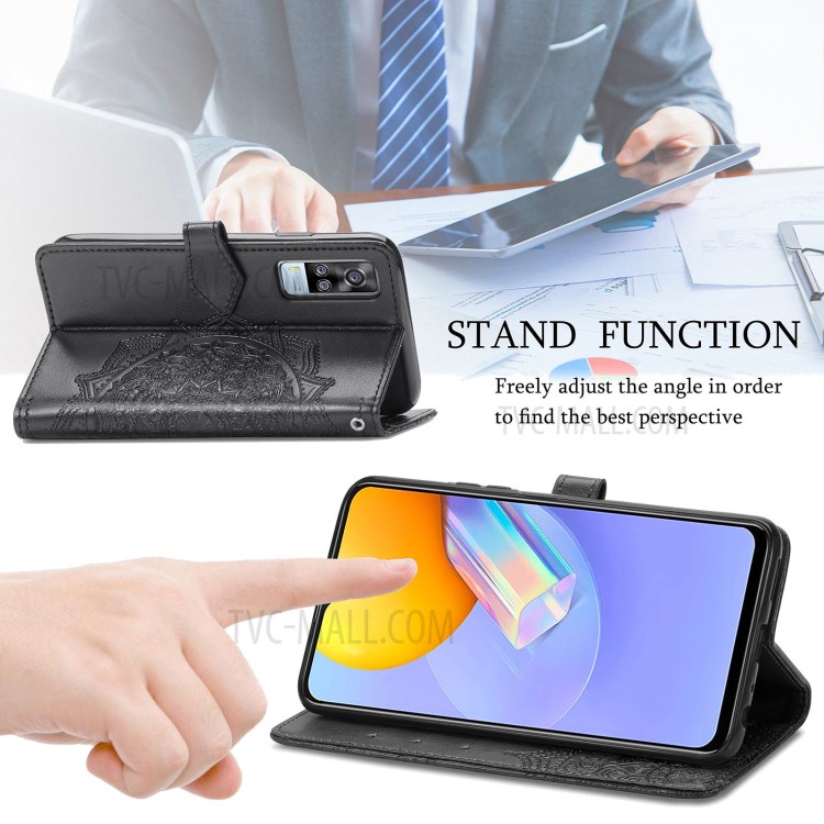 Mandala Flower Embossment Full Coverage PU Leather Case with Wallet Stand Design for vivo Y51 (2020, December) - Black-5