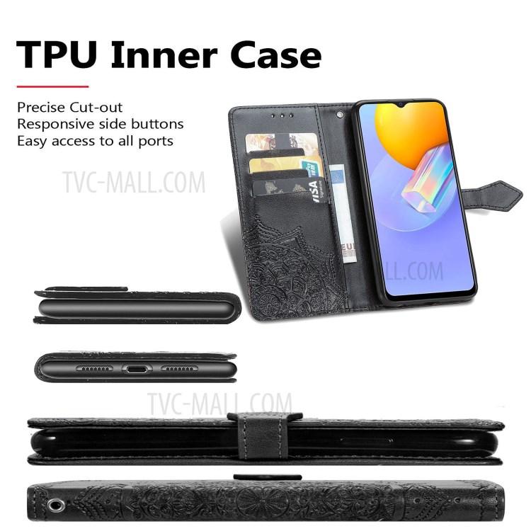 Mandala Flower Embossment Full Coverage PU Leather Case with Wallet Stand Design for vivo Y51 (2020, December) - Black-6