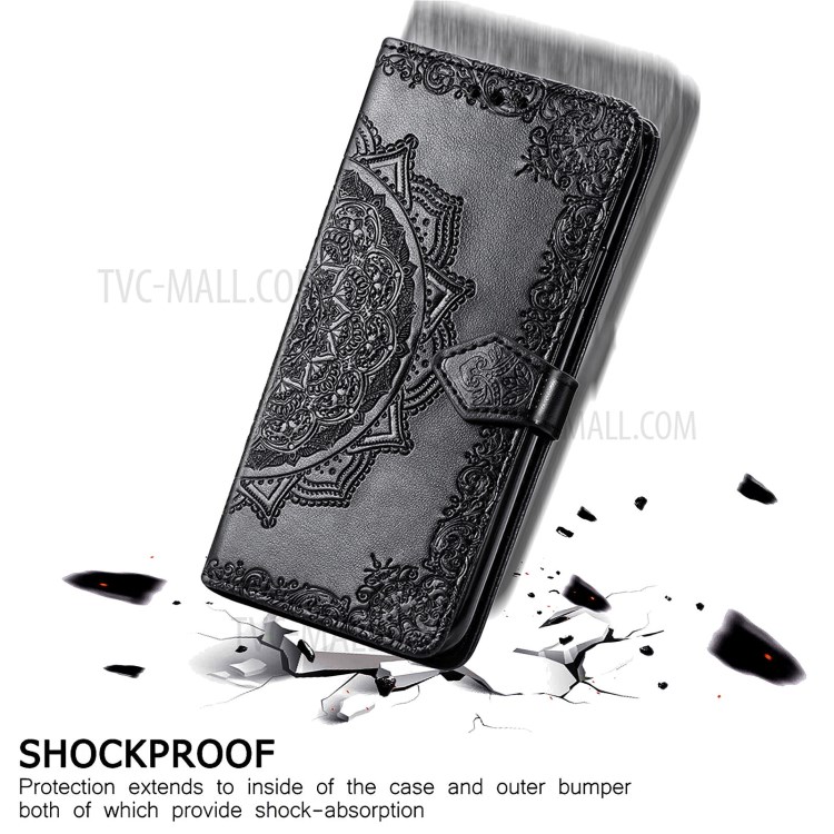 Mandala Flower Embossment Full Coverage PU Leather Case with Wallet Stand Design for vivo Y51 (2020, December) - Black-7