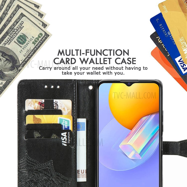 Mandala Flower Embossment Full Coverage PU Leather Case with Wallet Stand Design for vivo Y51 (2020, December) - Black-9