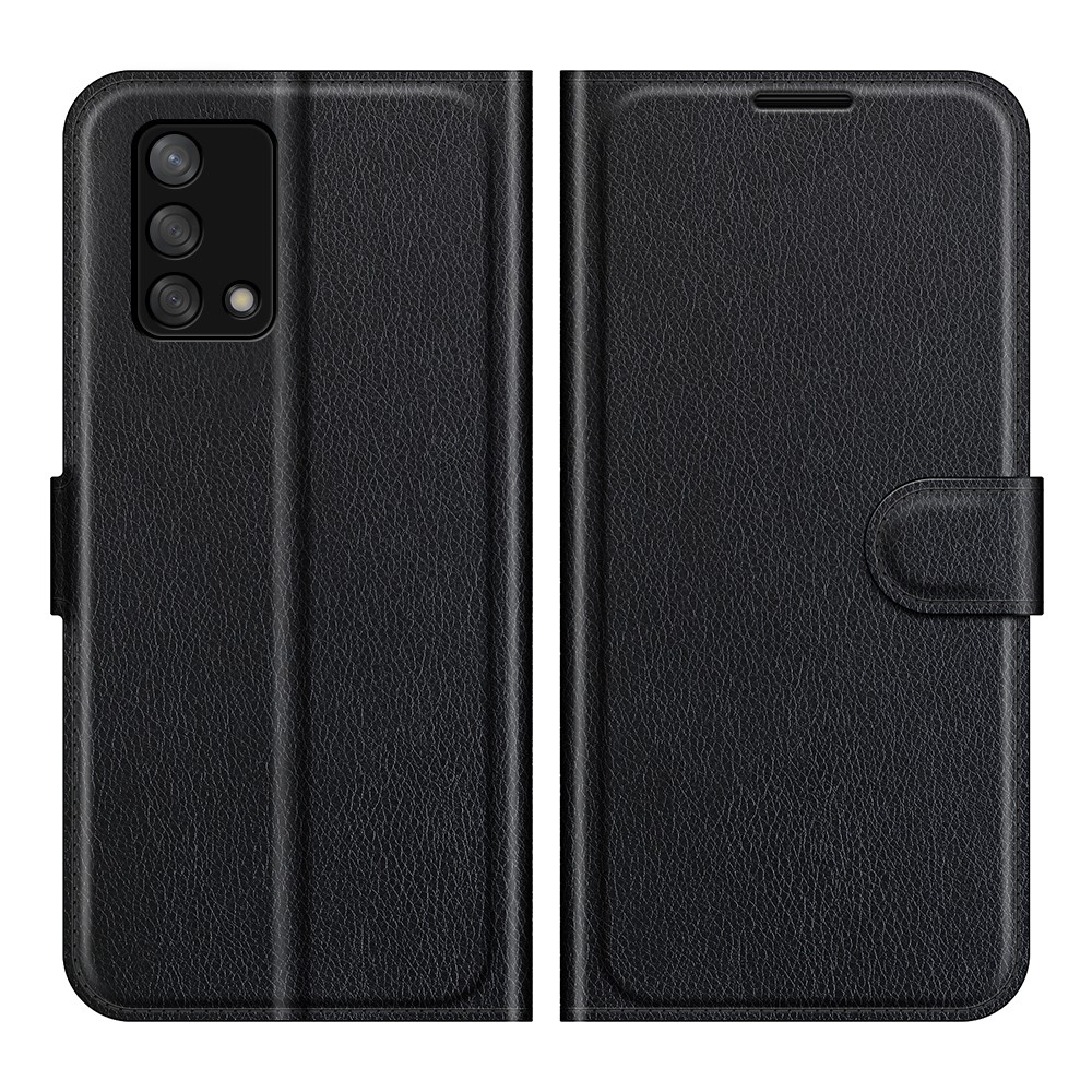Litchi Texture Leather Wallet Phone Case Folio Flip Cover with Stand for Oppo F19 / A74 4G - Black-1
