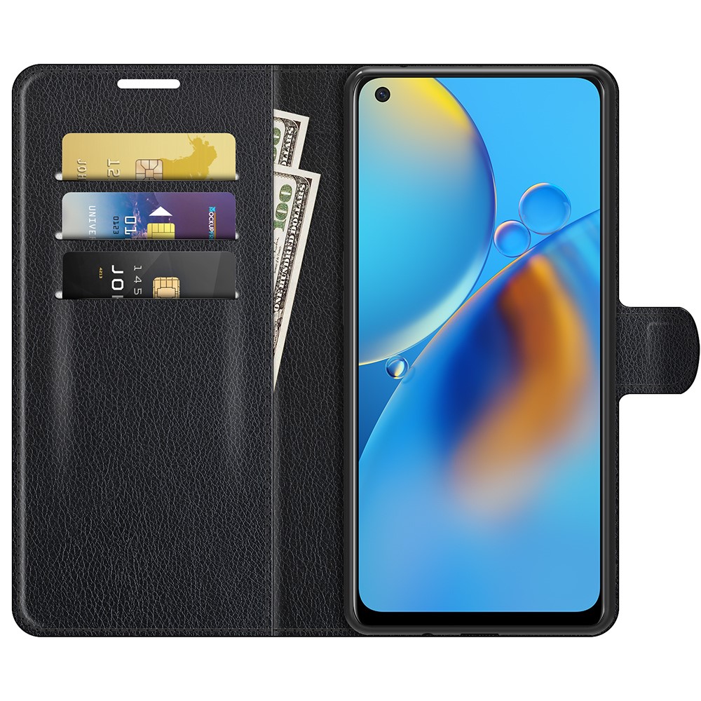 Litchi Texture Leather Wallet Phone Case Folio Flip Cover with Stand for Oppo F19 / A74 4G - Black-2