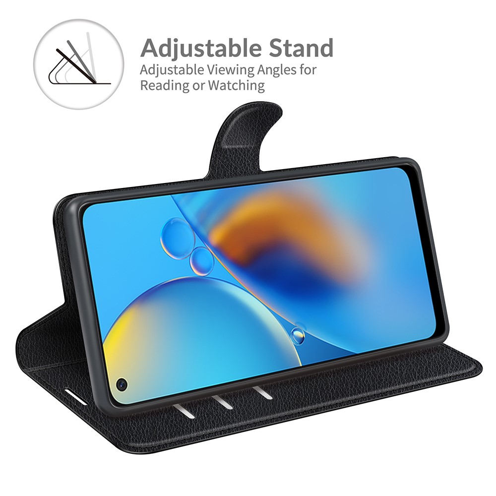 Litchi Texture Leather Wallet Phone Case Folio Flip Cover with Stand for Oppo F19 / A74 4G - Black-3