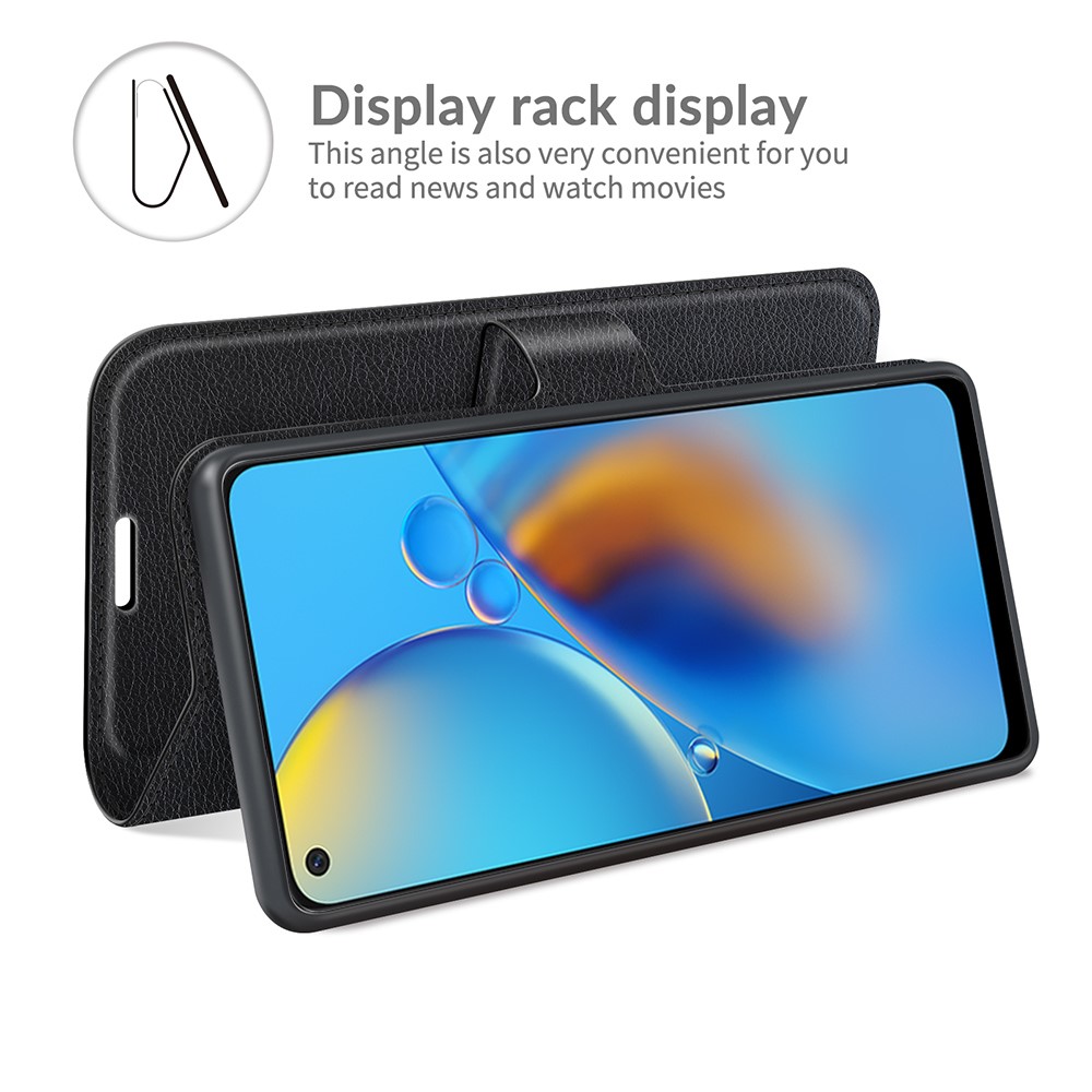 Litchi Texture Leather Wallet Phone Case Folio Flip Cover with Stand for Oppo F19 / A74 4G - Black-4