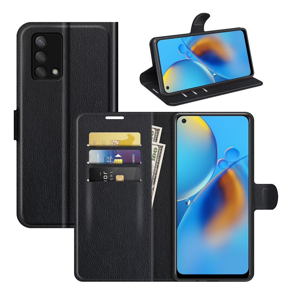 Litchi Texture Leather Wallet Phone Case Folio Flip Cover with Stand for Oppo F19 / A74 4G - Black-7