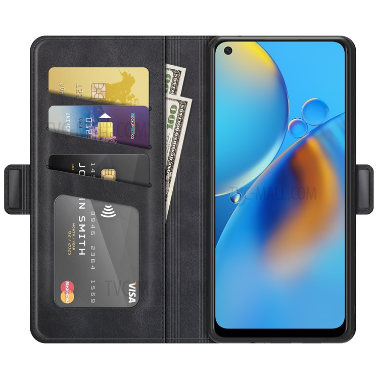 Magnetic Double Clasp Wallet Stand PU Leather Phone Case Shell for Oppo F19/A74 4G - Black-2