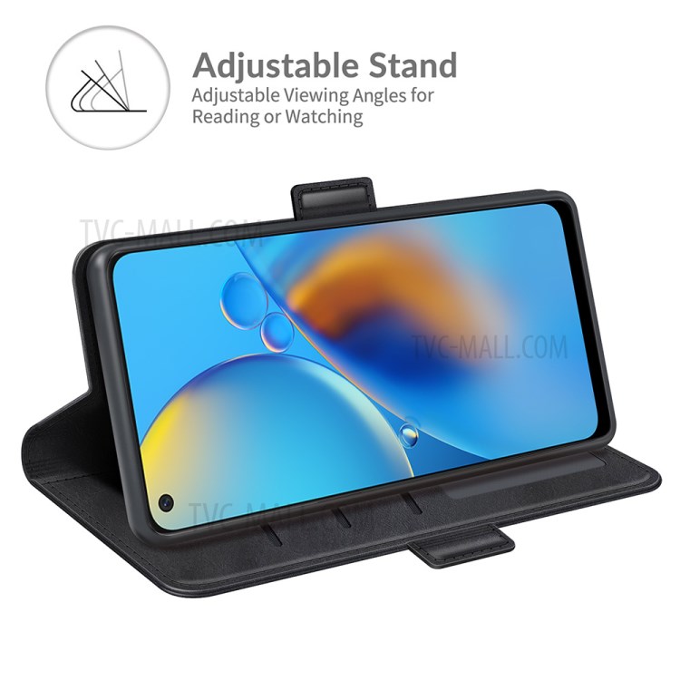 Magnetic Double Clasp Wallet Stand PU Leather Phone Case Shell for Oppo F19/A74 4G - Black-3