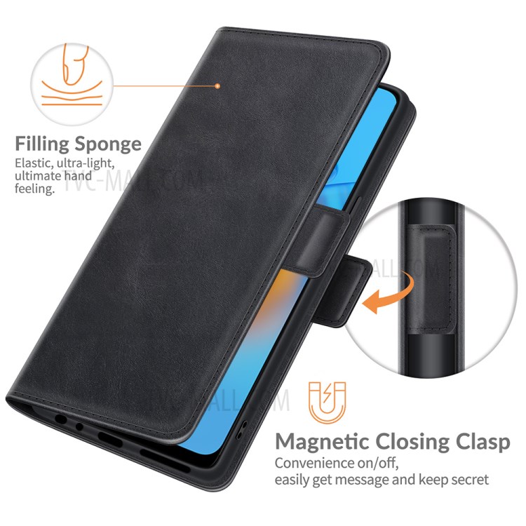 Magnetic Double Clasp Wallet Stand PU Leather Phone Case Shell for Oppo F19/A74 4G - Black-4