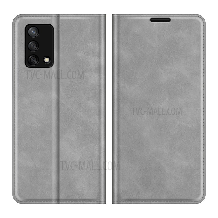 Skin-touch Leather Protective Cover Auto-Absorbed Case with Wallet Stand for Oppo F19/A74 4G - Grey-1