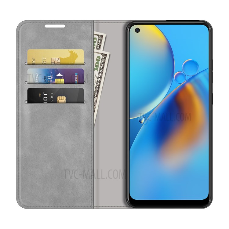 Skin-touch Leather Protective Cover Auto-Absorbed Case with Wallet Stand for Oppo F19/A74 4G - Grey-2