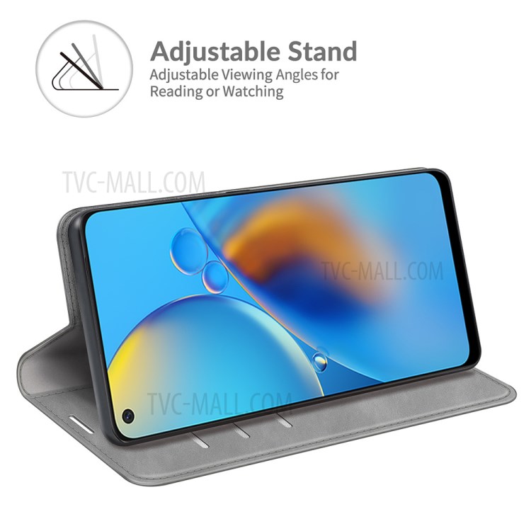 Skin-touch Leather Protective Cover Auto-Absorbed Case with Wallet Stand for Oppo F19/A74 4G - Grey-3