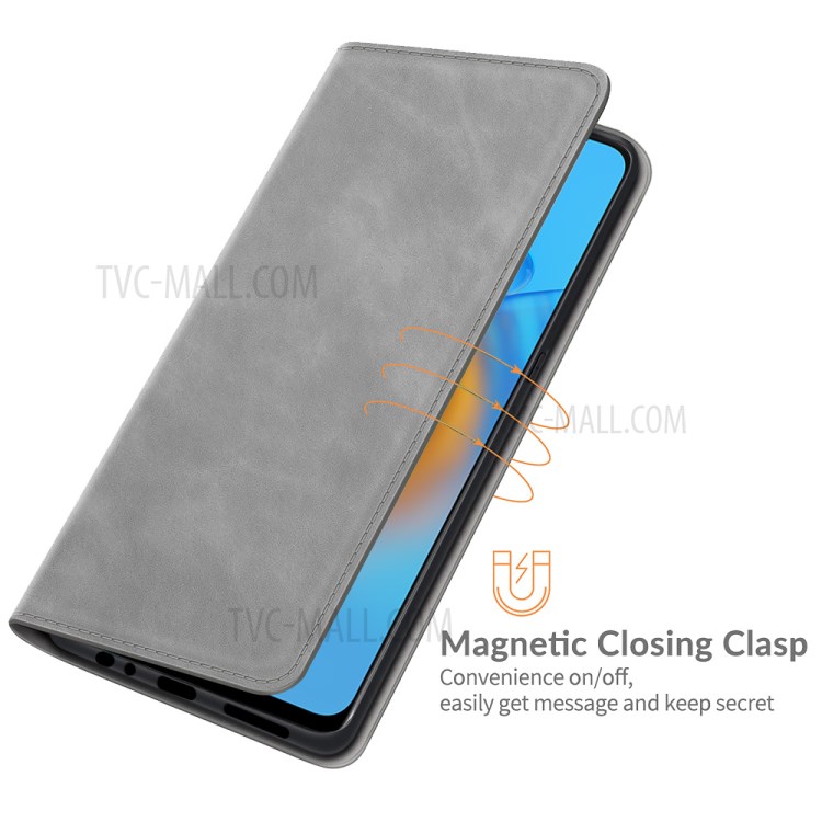 Skin-touch Leather Protective Cover Auto-Absorbed Case with Wallet Stand for Oppo F19/A74 4G - Grey-4