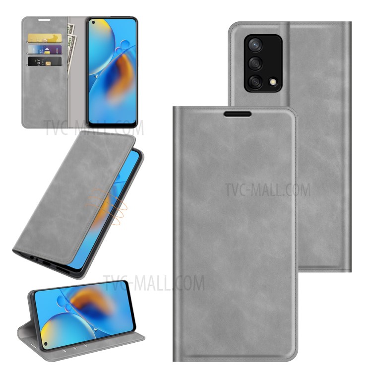 Skin-touch Leather Protective Cover Auto-Absorbed Case with Wallet Stand for Oppo F19/A74 4G - Grey-7