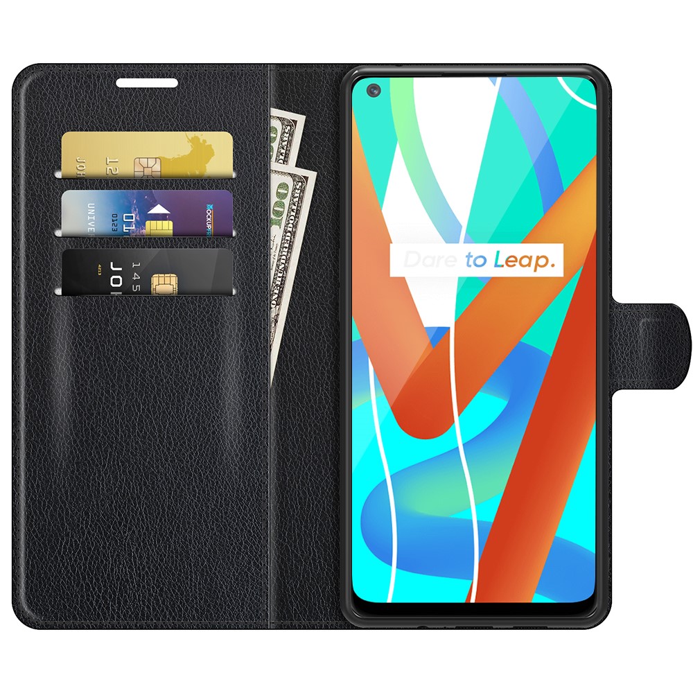 Leather Wallet Phone Case Litchi Texture Phone Cover with Stand for Realme 8 5G - Black-2