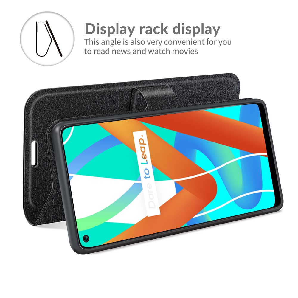 Leather Wallet Phone Case Litchi Texture Phone Cover with Stand for Realme 8 5G - Black-4