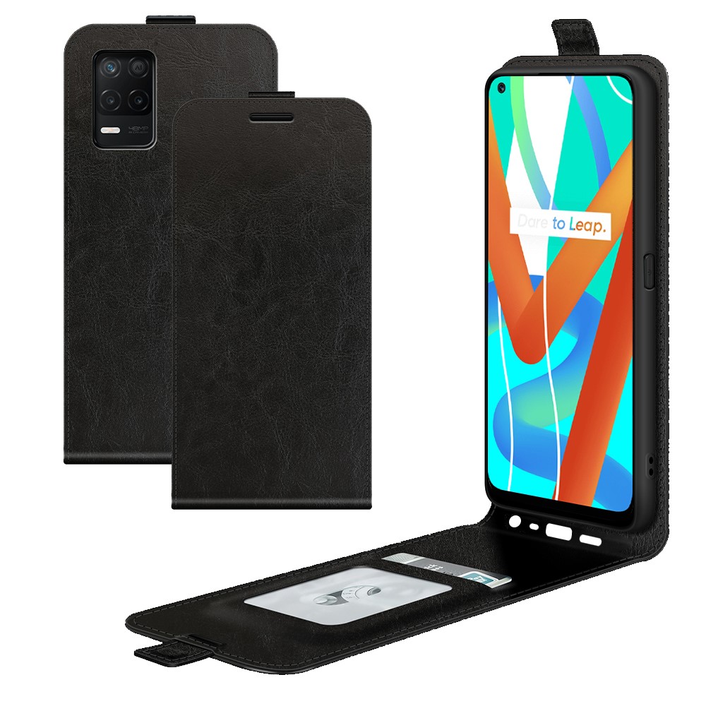 Card Holder Design Crazy Horse Texture Vertical Flip Leather Case for Realme 8 5G - Black-1