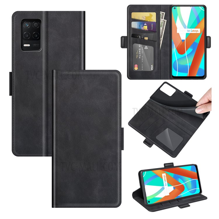 Full-Protection Wallet Stand Design Magnetic Double Clasp Leather Mobile Phone Case Shell for Realme 8 5G - Black-7