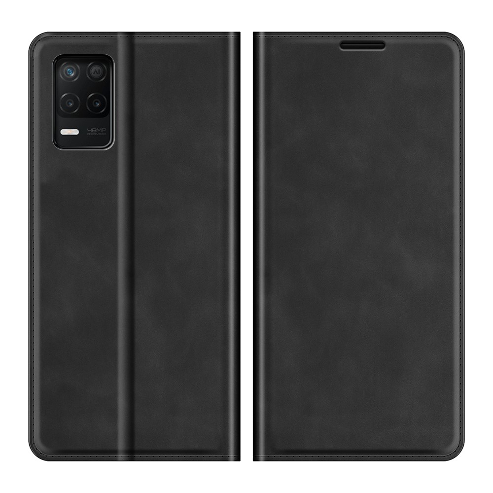 Skin-touch Leather Cover Automatic Suction Protective Case with Wallet Stand for Realme 8 5G - Black-1