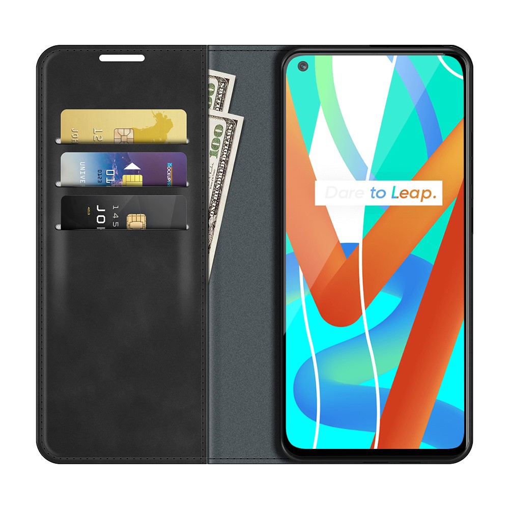 Skin-touch Leather Cover Automatic Suction Protective Case with Wallet Stand for Realme 8 5G - Black-2