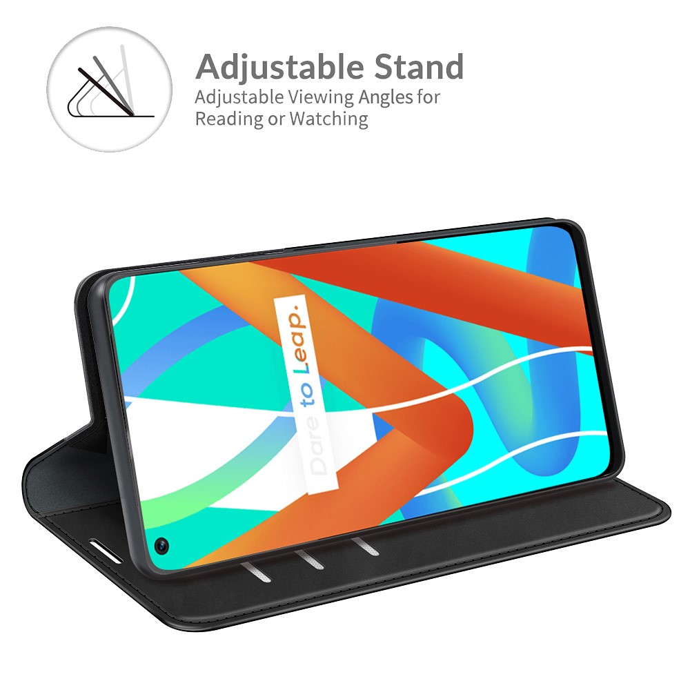 Skin-touch Leather Cover Automatic Suction Protective Case with Wallet Stand for Realme 8 5G - Black-3