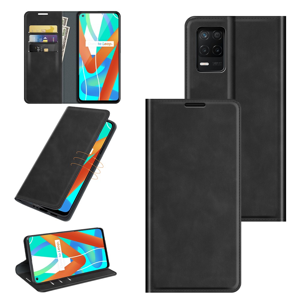 Skin-touch Leather Cover Automatic Suction Protective Case with Wallet Stand for Realme 8 5G - Black-7