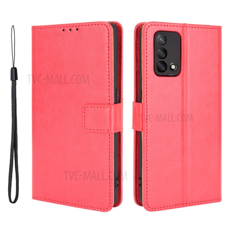 Wallet Design Crazy Horse Skin Leather Stand Shell with Strap for Oppo A74 4G/F19 - Red-1