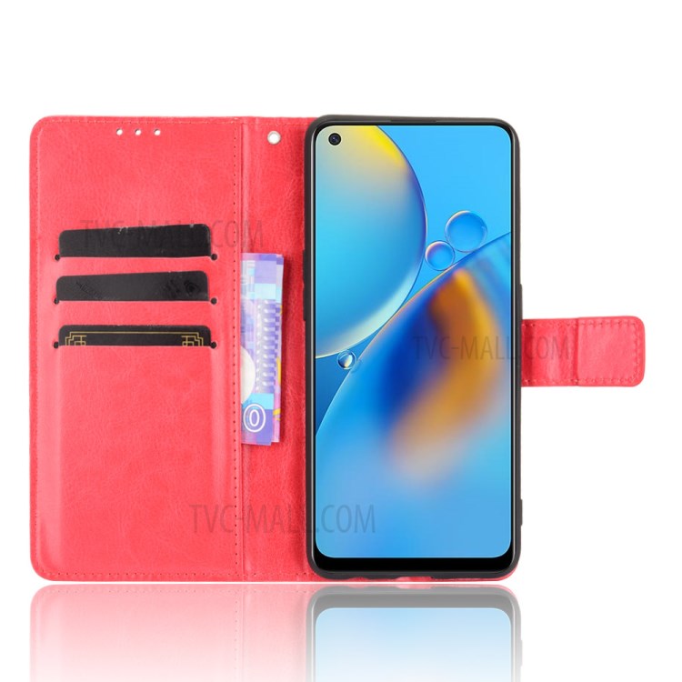 Wallet Design Crazy Horse Skin Leather Stand Shell with Strap for Oppo A74 4G/F19 - Red-5