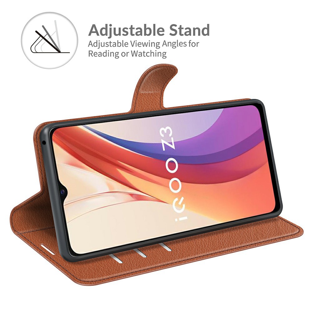 Litchi Skin Phone Case Folio Flip Leather Phone Cover with Stand for vivo iQOO Z3/Y72 5G - Brown-2