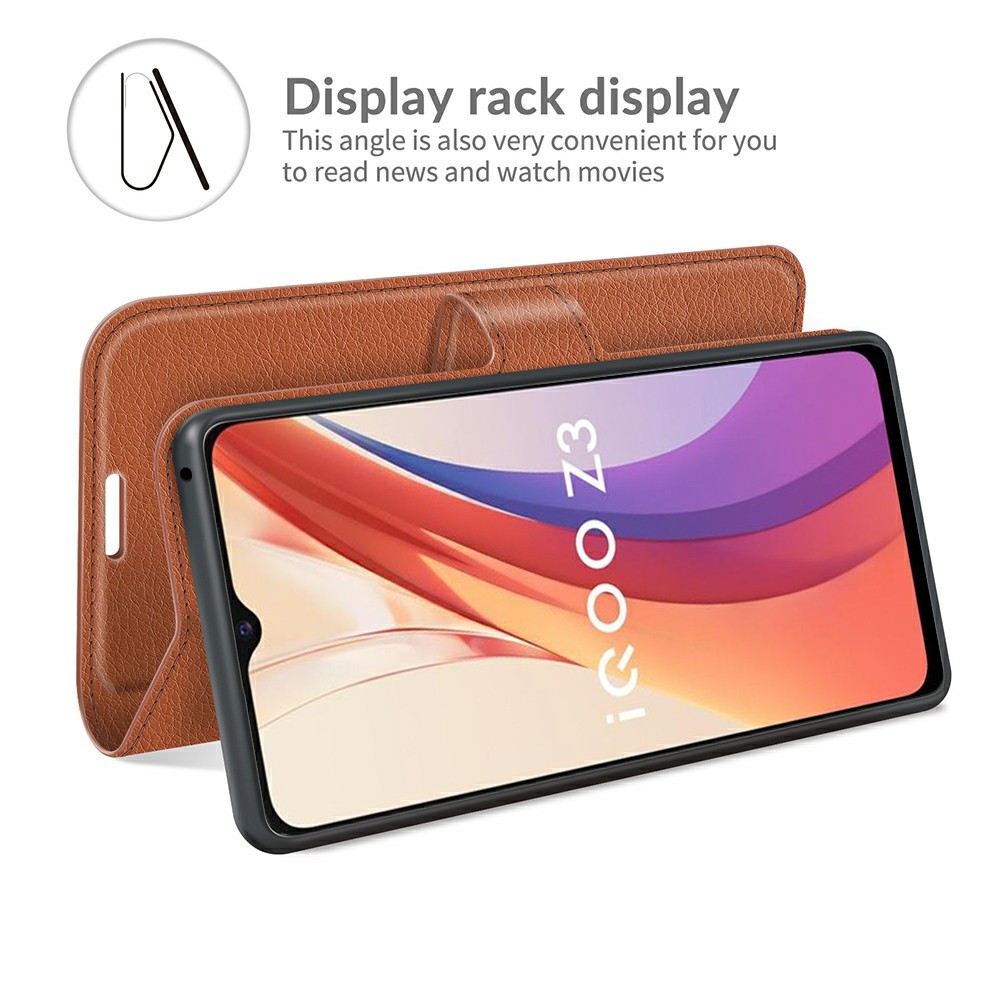 Litchi Skin Phone Case Folio Flip Leather Phone Cover with Stand for vivo iQOO Z3/Y72 5G - Brown-3
