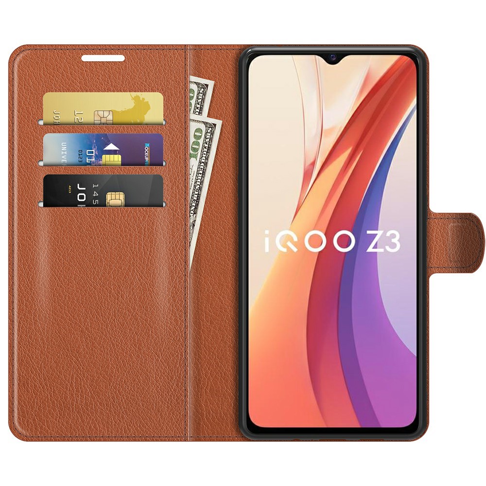 Litchi Skin Phone Case Folio Flip Leather Phone Cover with Stand for vivo iQOO Z3/Y72 5G - Brown-6