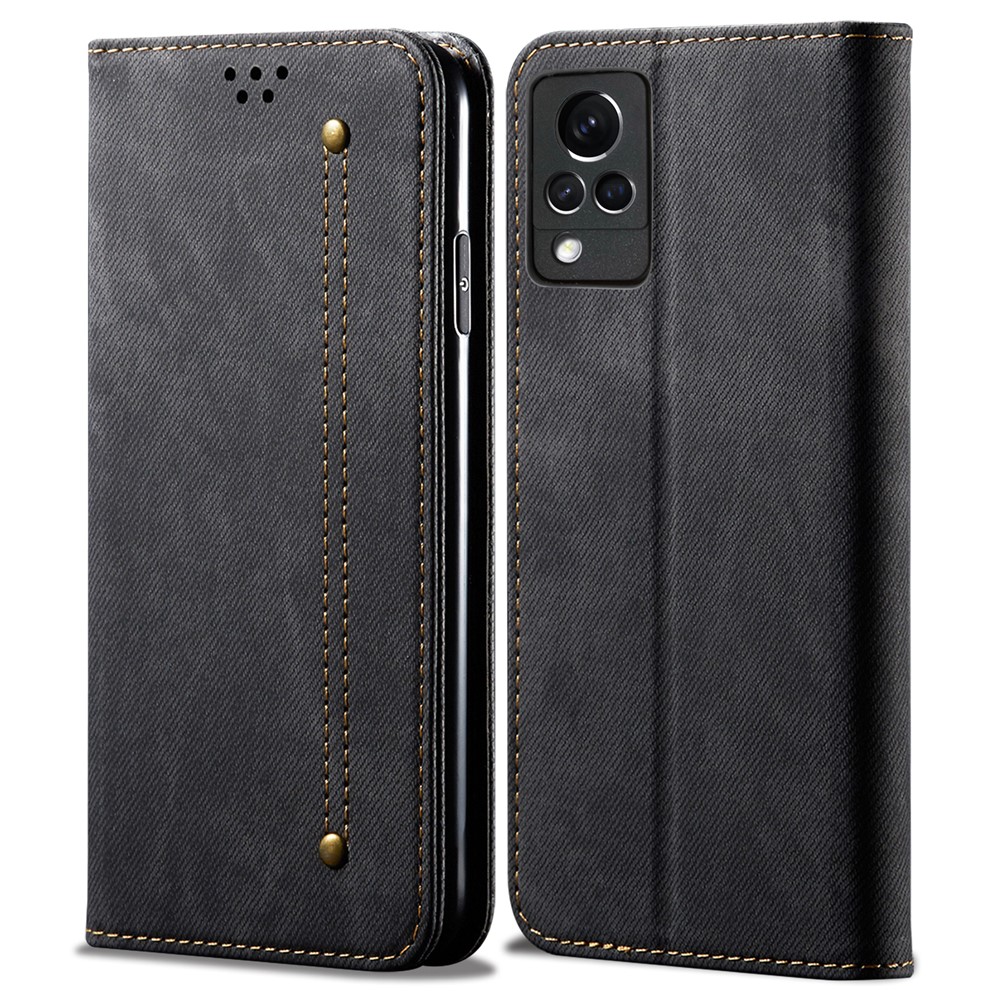 Full Protection Jeans Cloth Texture Leather Wallet Case with Stand for Oppo vivo V21 4G/5G - Black-1