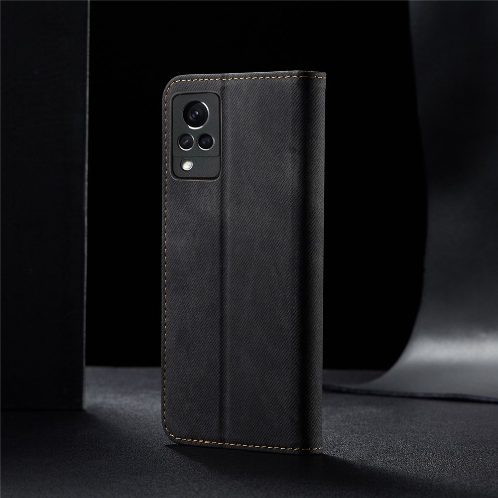 Full Protection Jeans Cloth Texture Leather Wallet Case with Stand for Oppo vivo V21 4G/5G - Black-8
