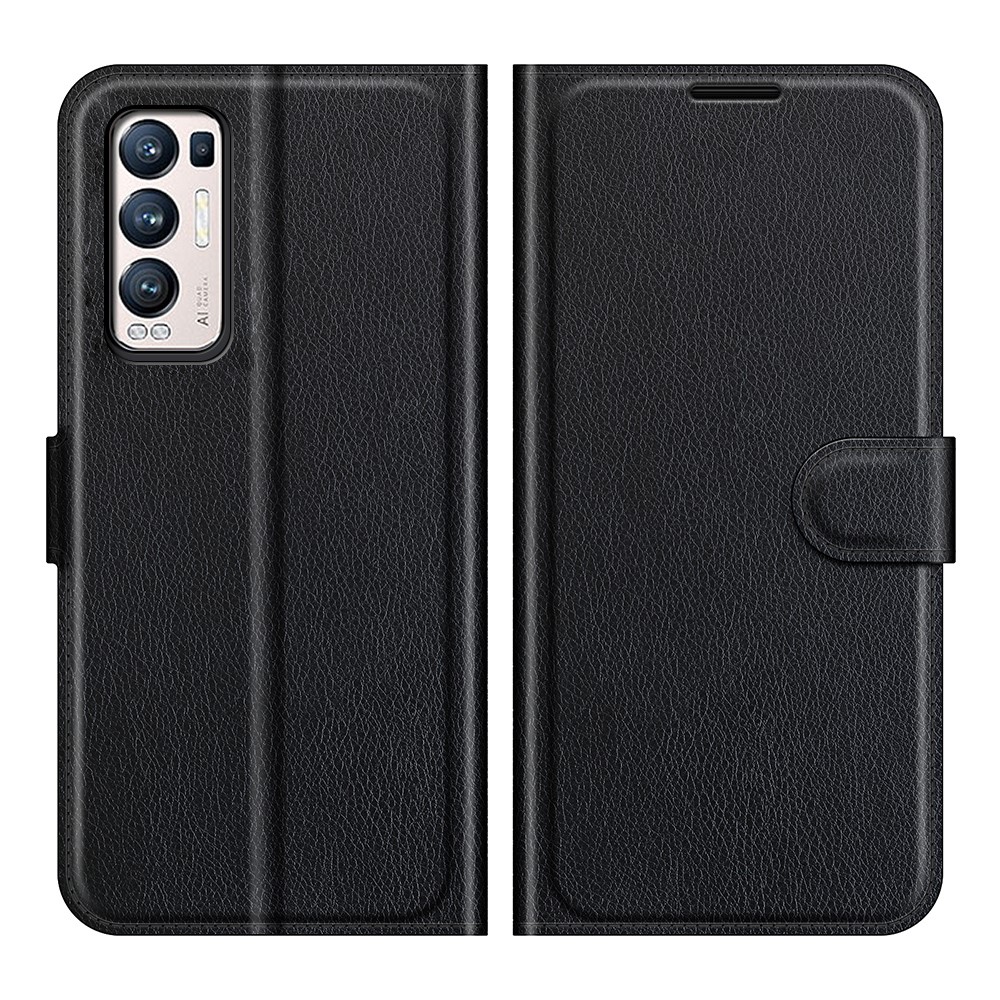 Folio Flip Litchi Texture Leather Wallet Phone Case with Stand for Oppo Reno5 Pro+ 5G / Oppo Find X3 Neo - Black-1