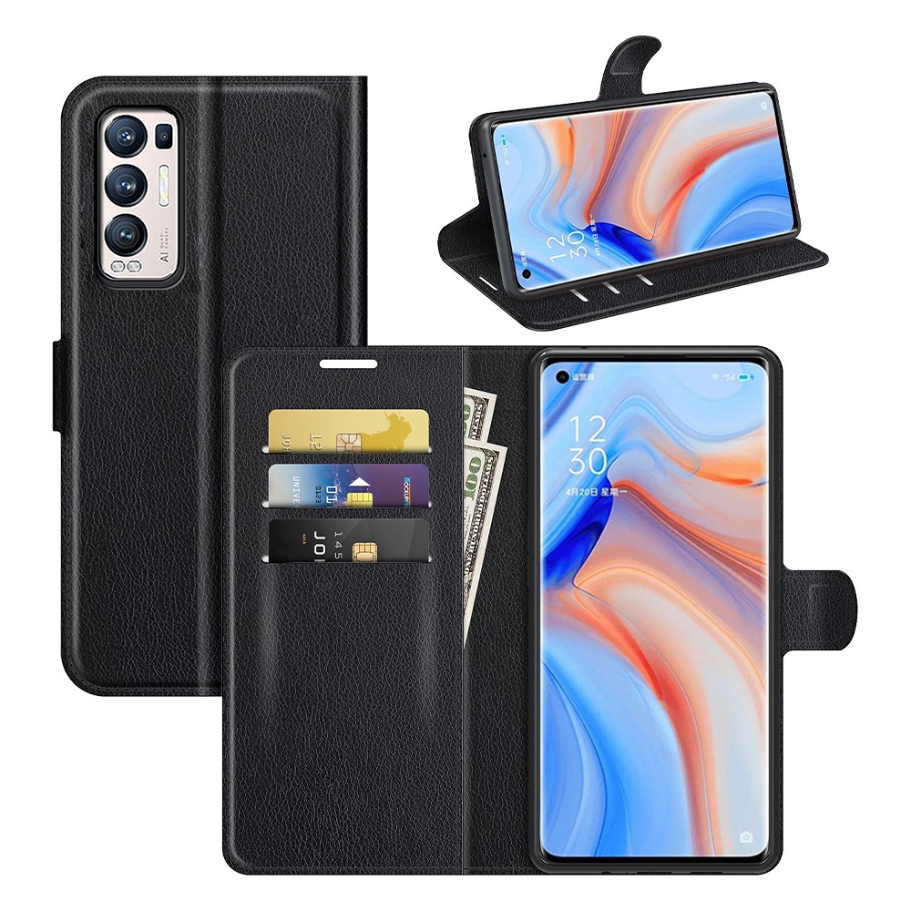 Folio Flip Litchi Texture Leather Wallet Phone Case with Stand for Oppo Reno5 Pro+ 5G / Oppo Find X3 Neo - Black-8