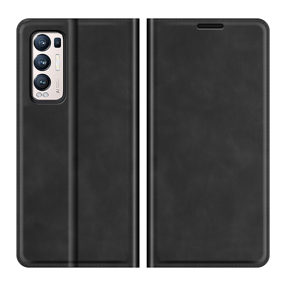Silky Touch Leather Wallet Stand Case for OPPO Reno5 Pro Plus 5G/Find X3 Neo - Black-1