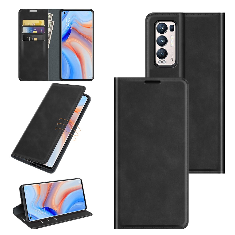 Silky Touch Leather Wallet Stand Case for OPPO Reno5 Pro Plus 5G/Find X3 Neo - Black-8