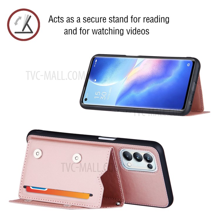 Kickstand Card Holder Glossy Leather Protector TPU Cover for Oppo A93 5G - Rose Gold-4