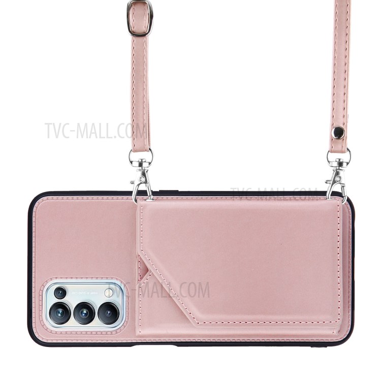 Kickstand Card Holder Glossy Leather Protector TPU Cover for Oppo A93 5G - Rose Gold-5