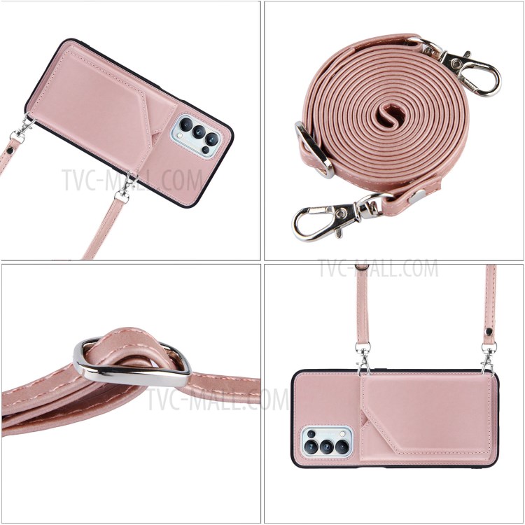 Kickstand Card Holder Glossy Leather Protector TPU Cover for Oppo A93 5G - Rose Gold-7